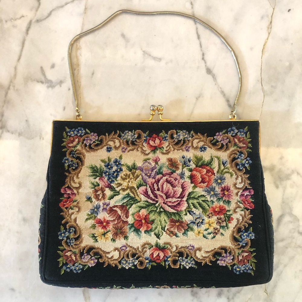 Vintage petit point evening purse, black with floral design
